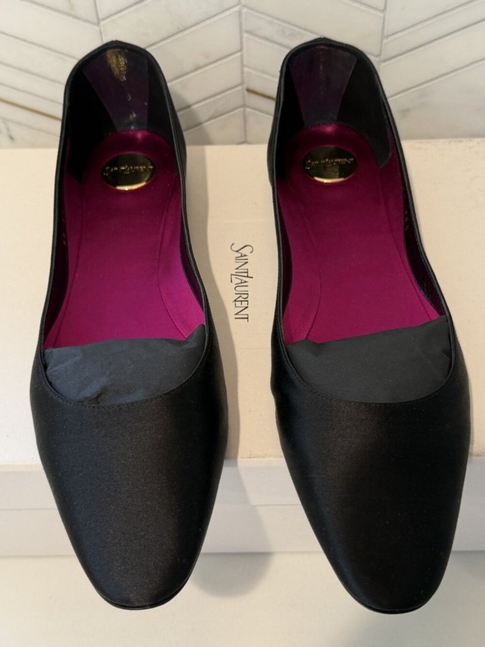 NIB Saint Laurent Lou Satin Ballet Flat Black Womens Size 40+ US 10.5 $830 - Picture 2 of 10